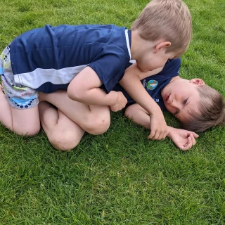 Elijah's decided this whole chickenpox ordeal will be over faster for everyone if he just sits on his brother until he gets it 🤷‍♀️